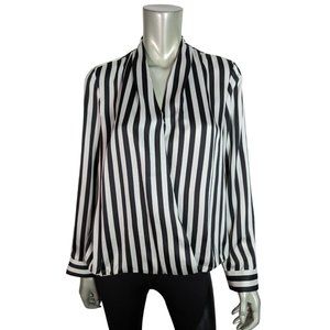 Chico's Top Size M Faux Wrap High Low‎ Striped Long Sleeve Silky Pullover Black